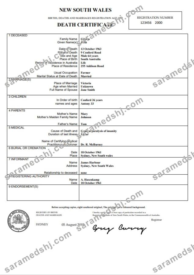 Australia New South Wales death certificate template in Word